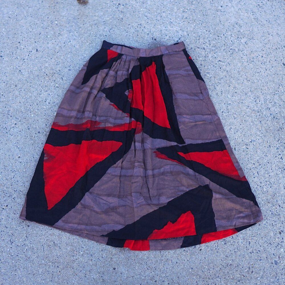 Geometric A-Line Midi Skirt Size 12 Brown Red Black Professional Workwear